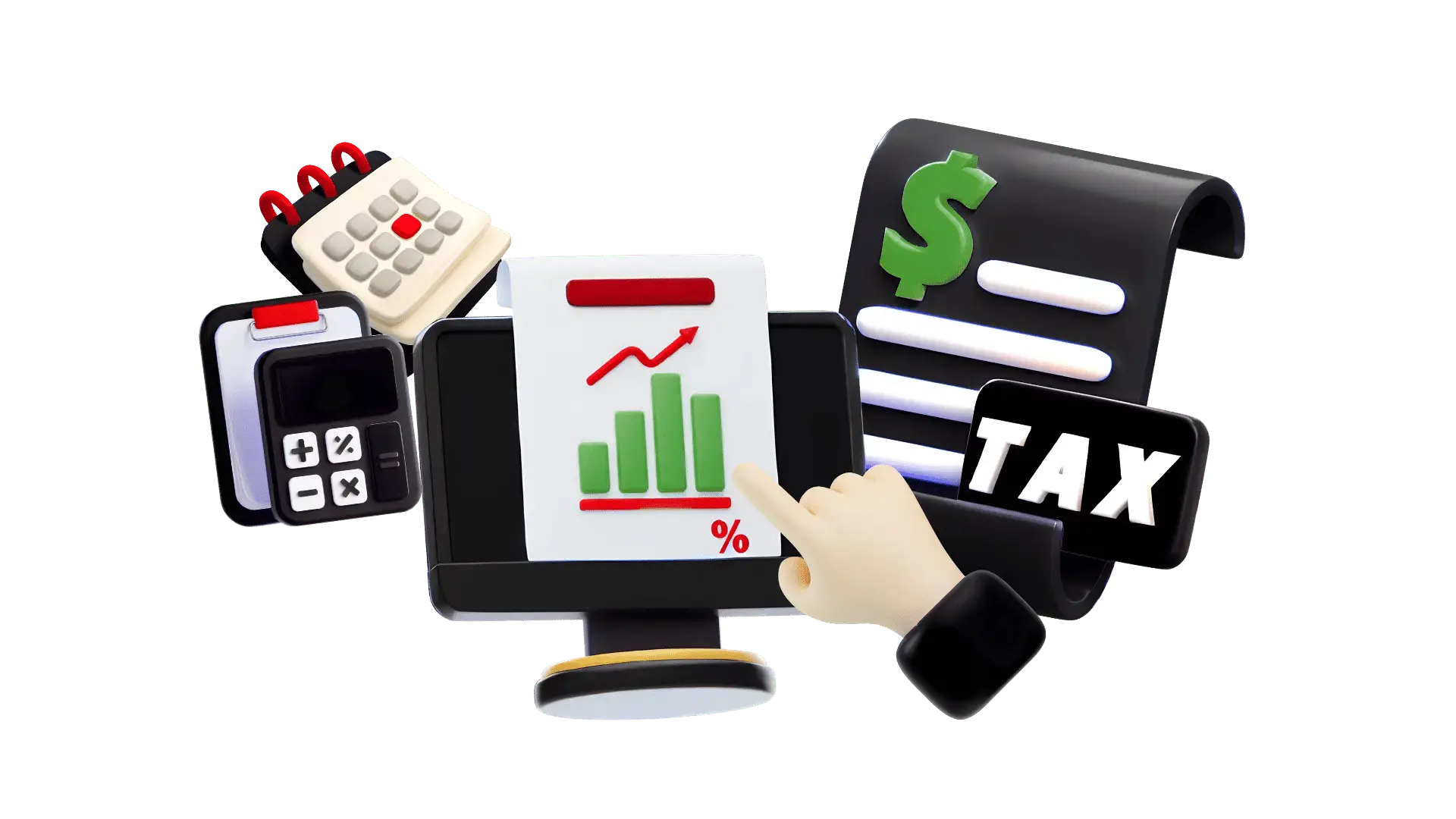3D financial management icons with tax and calculator